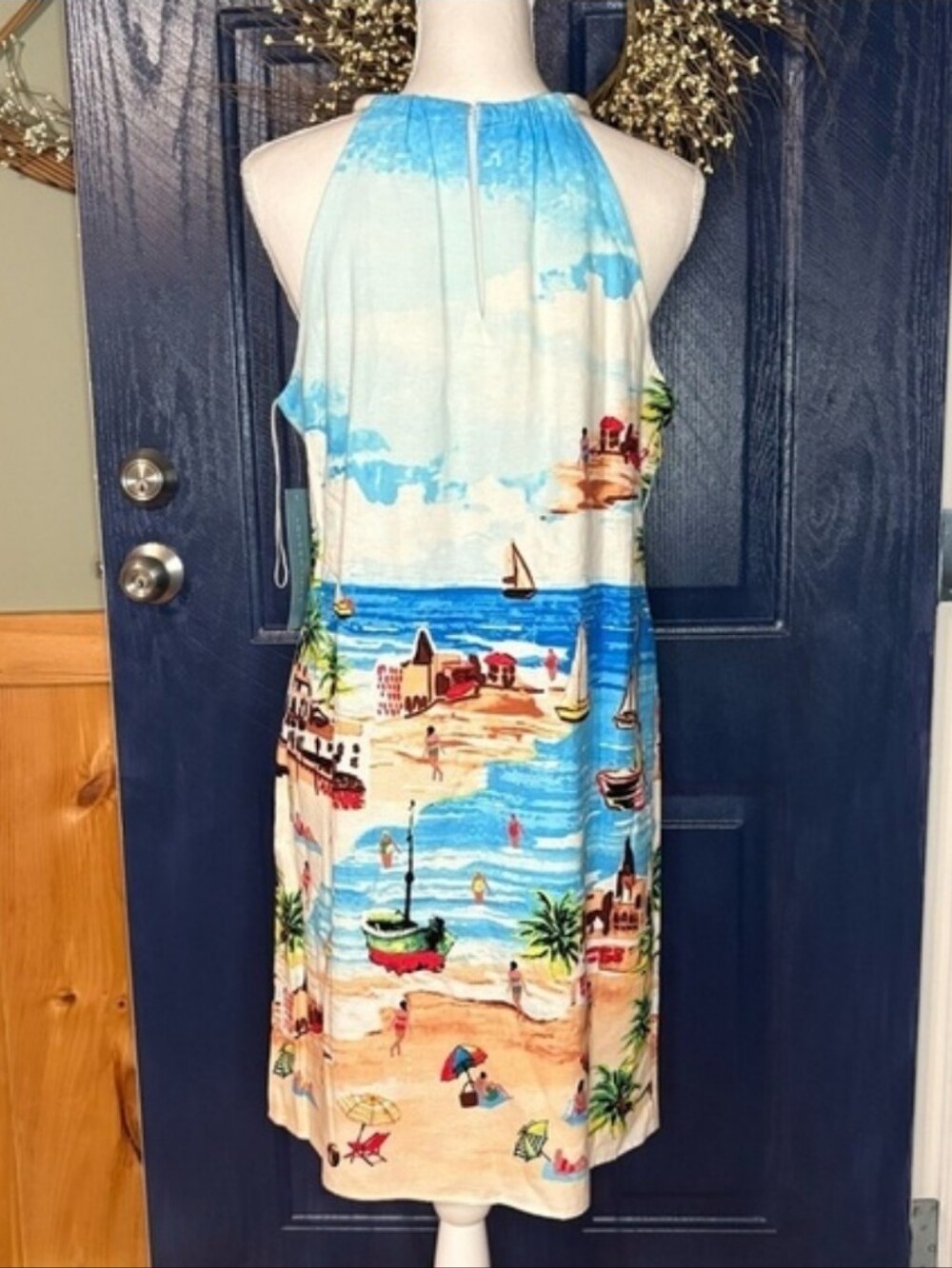 London Times Blue and White Beach Print Mini SunDress - Picture 2 of 8